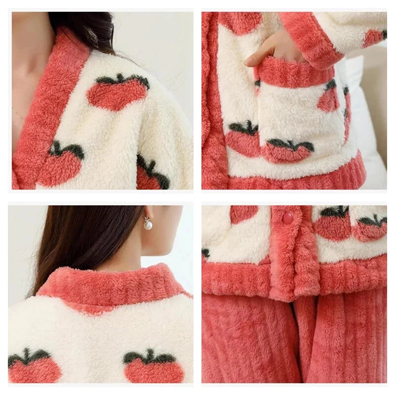 Women Pajamas Loungewear Winter Peach Sleepwear Homewear Two-Piece Set Nightwear