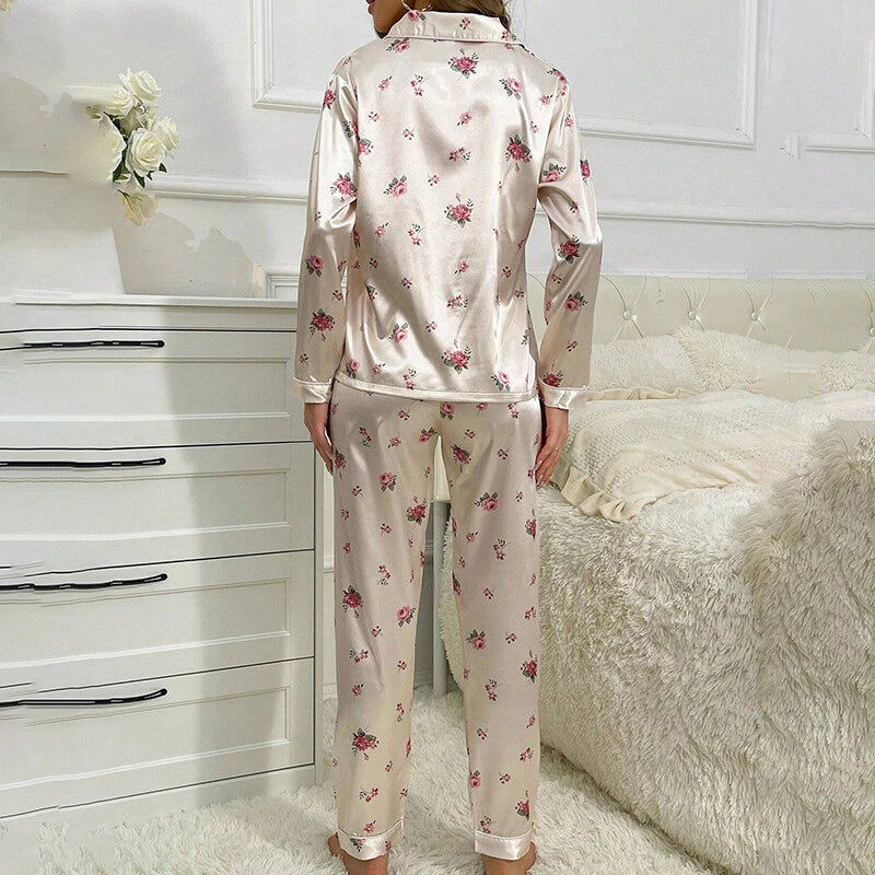 Women Silk Satin Pajamas Set Long Sleeve Button-Down Sleepwear Loungewear Charm