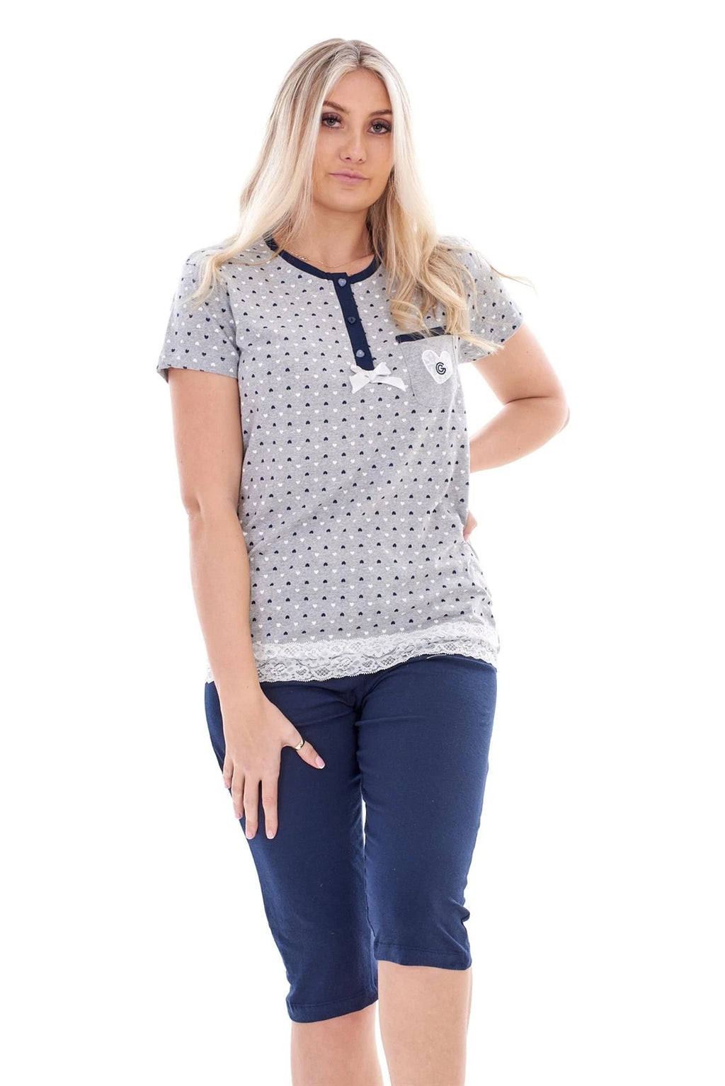 Ladies Capri Pyjama Set 2 Piece Heart Pocket Lace Buttons Bow Cropped Nightwear