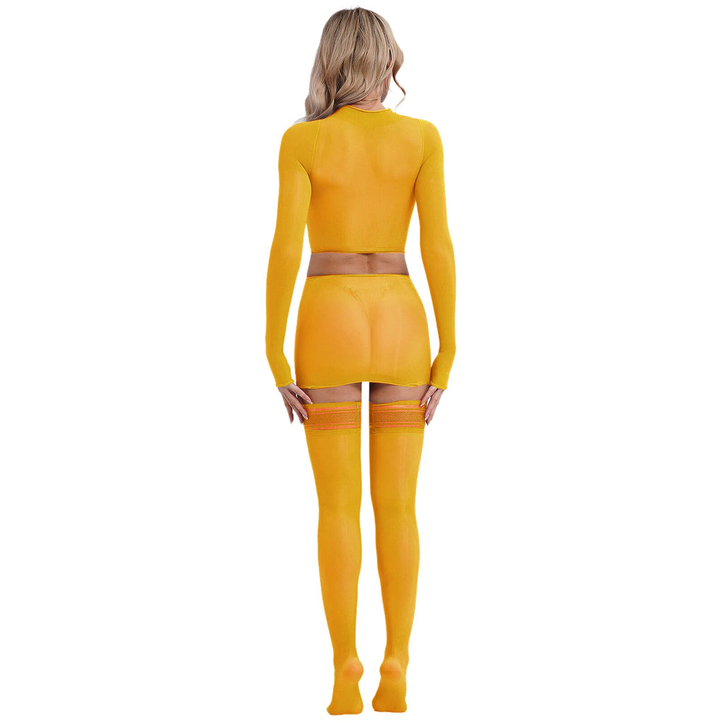 Womens Crop Top And Skirt With Stockings Round Neck Nightwear Tempting Glossy