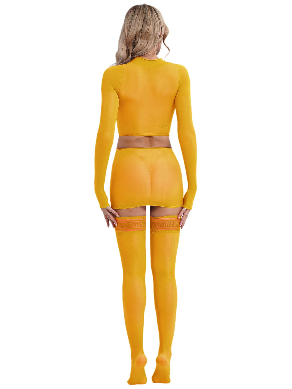 Womens Crop Top And Skirt With Stockings Round Neck Nightwear Tempting Glossy