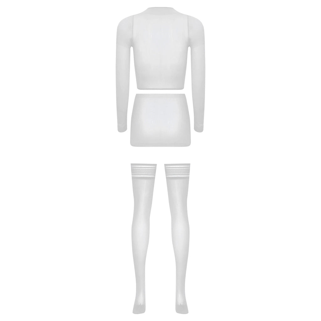 Womens Crop Top And Skirt With Stockings Round Neck Nightwear Tempting Glossy