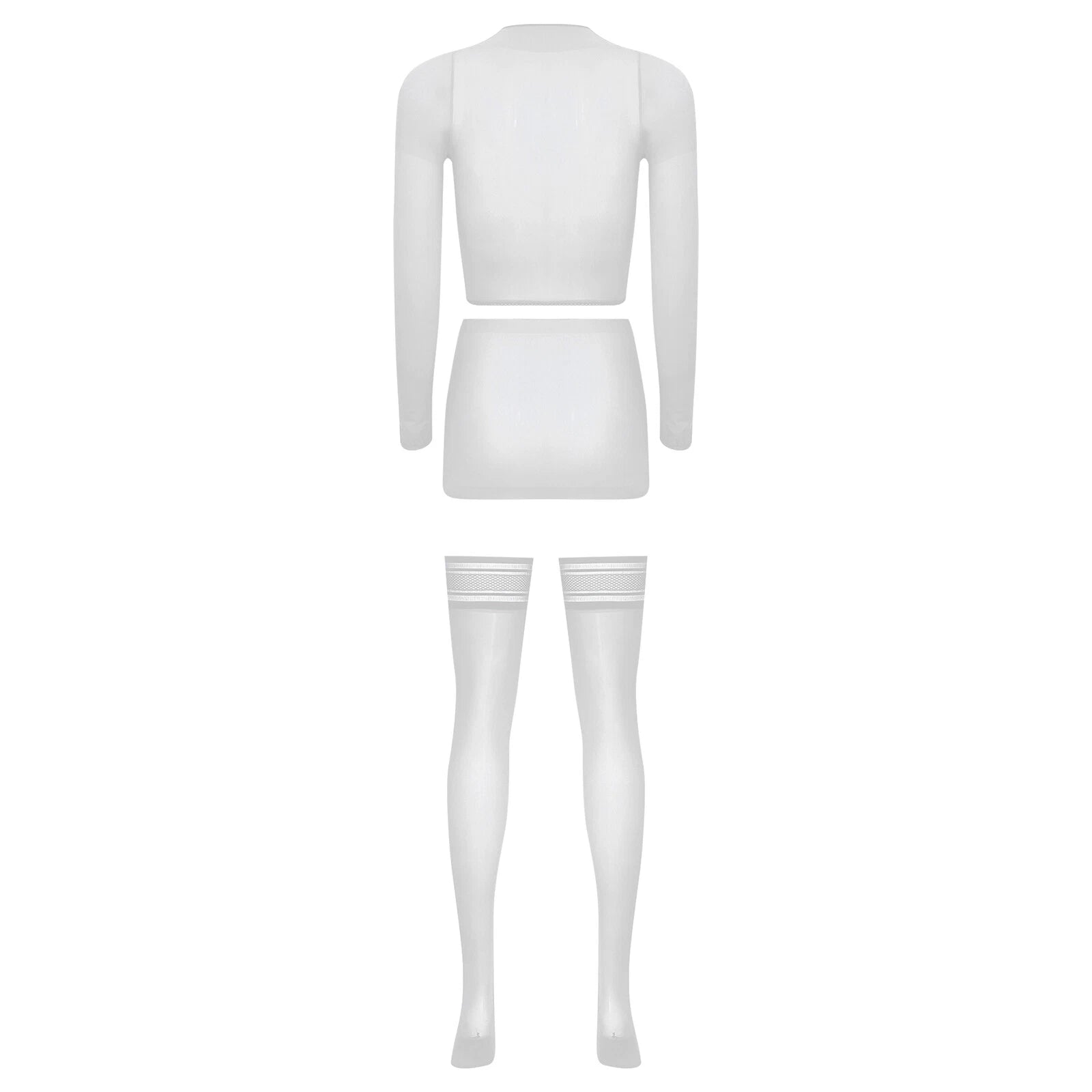 Womens Crop Top And Skirt With Stockings Round Neck Nightwear Tempting Glossy