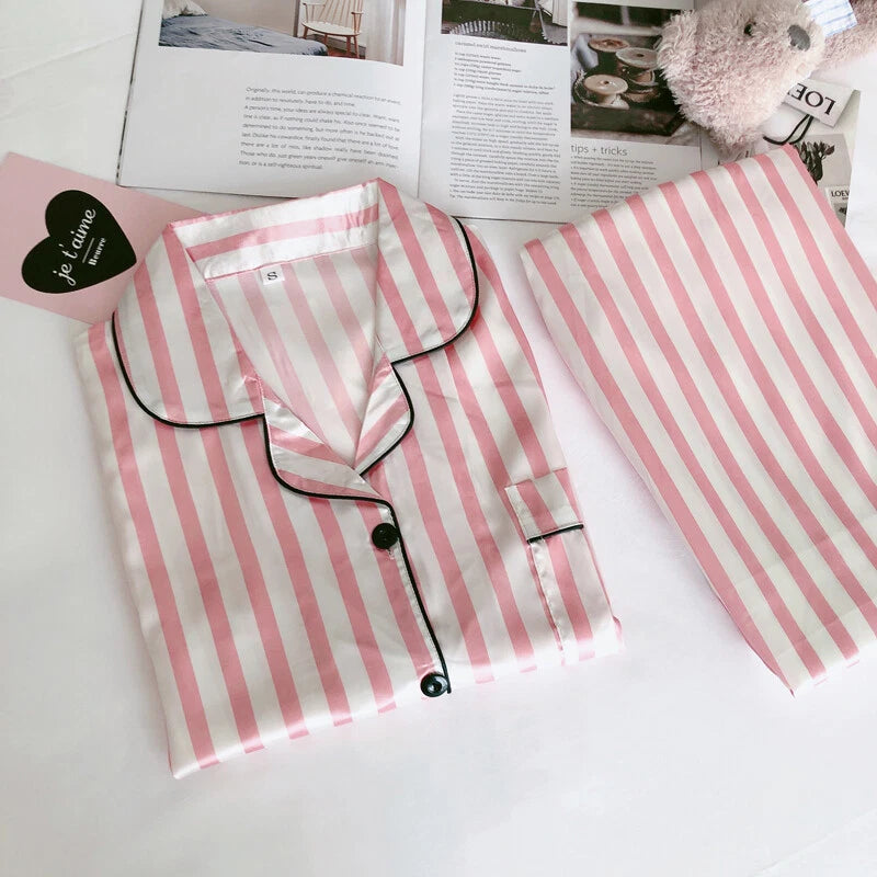 Women Silk Satin Pajamas Set Long Sleeve Button-Down Sleepwear Loungewear Charm