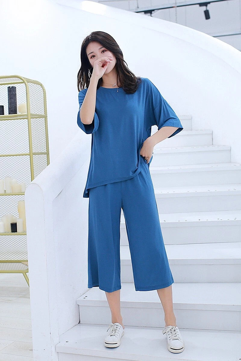 Plus Size XL 150KG Women Modal Pajamas Sets Short Sleeve Top + Calf-Length Pants