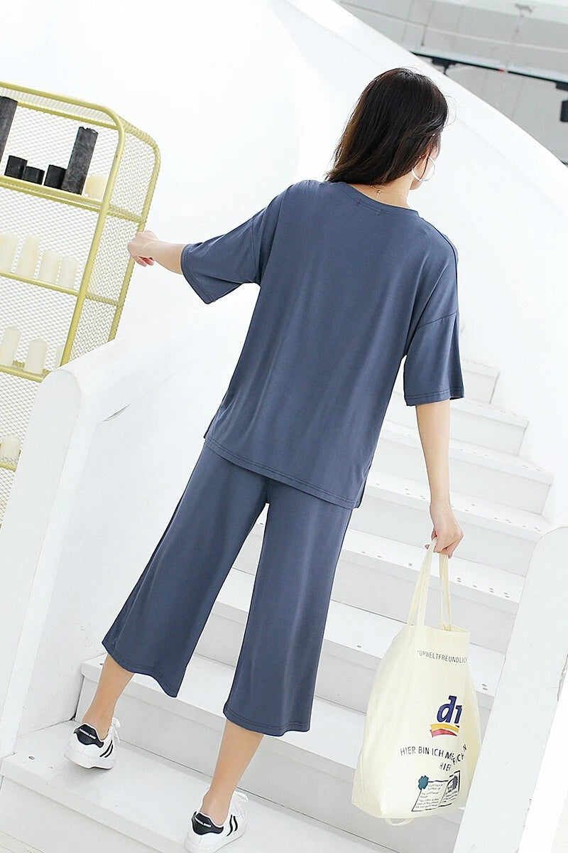 Plus Size XL 150KG Women Modal Pajamas Sets Short Sleeve Top + Calf-Length Pants