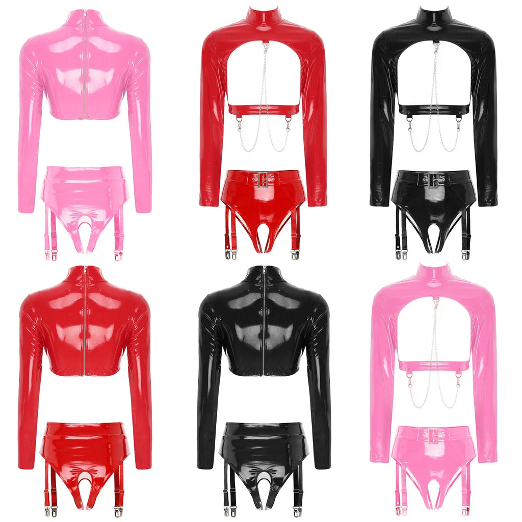 Womens Bar Set Lingerie Romper Underwear Crop Top Sleepwear Patent Leather 2pcs