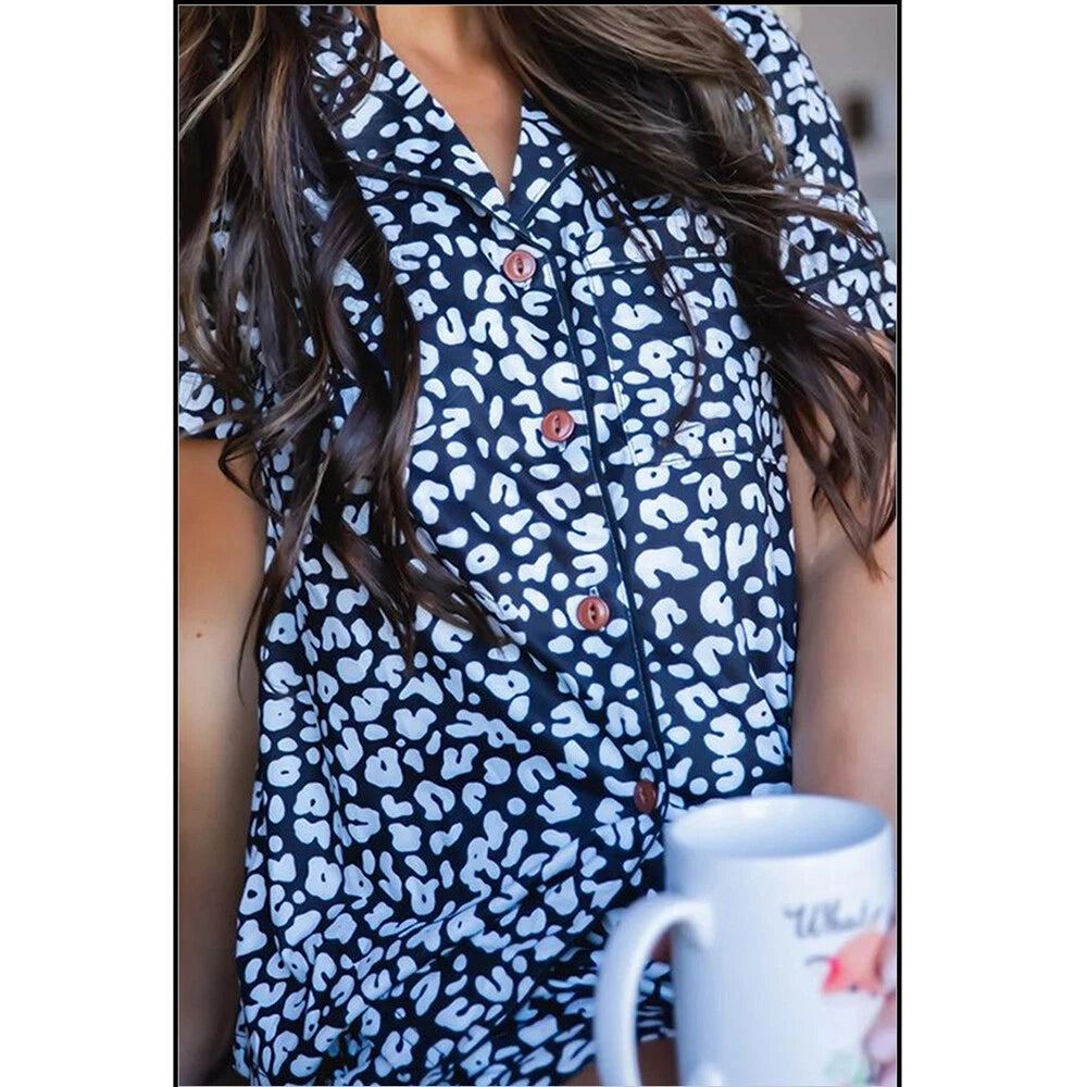 Women Summer Printed Pyjamas Set Short Sleeve Top+Short Pants Sleepwear Homewear