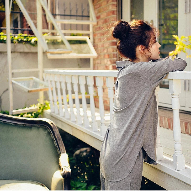 2PCS Pajama Sets Women Long Sleeve Solid Loose Breathable Soft Lady Suit Womens