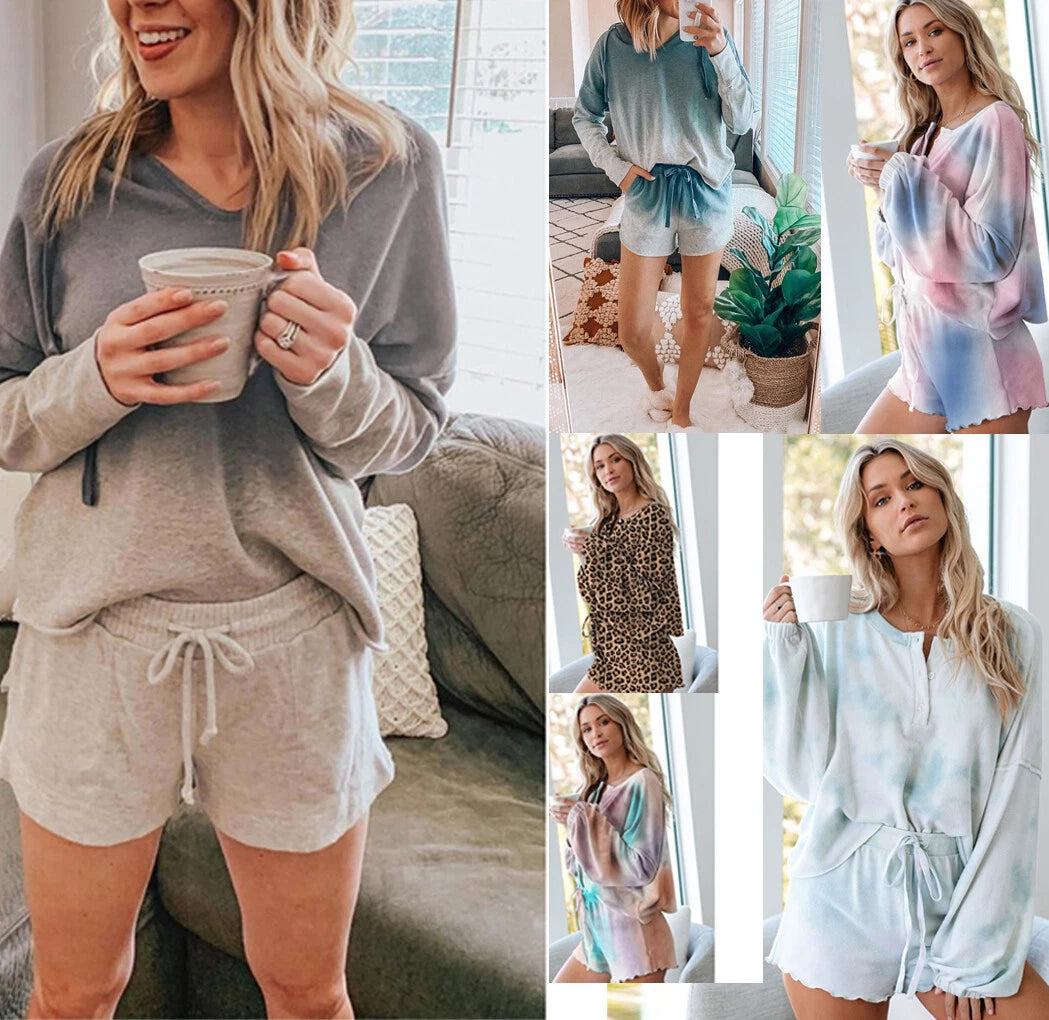 Women Summer Printed Pyjamas Set Short Sleeve Top+Short Pants Sleepwear Homewear