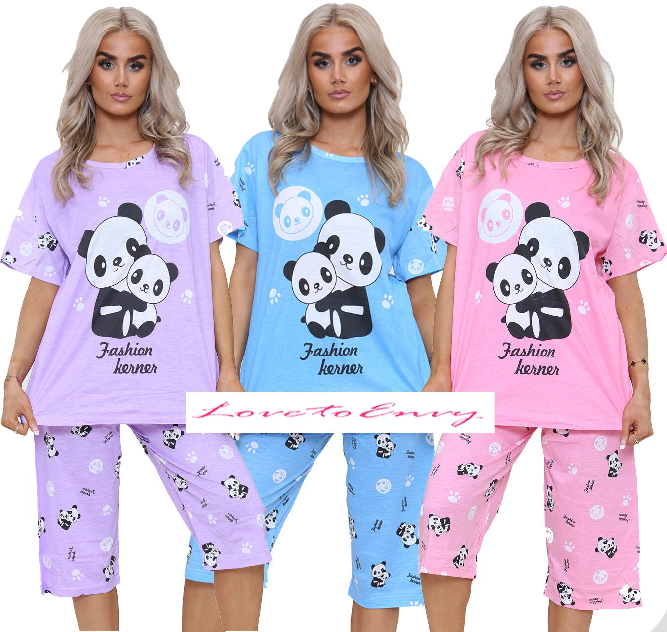 Ladies PJ Set Panda Animal Print Short Sleeve Capri Leg Lounge Teddy Pyjama Set.