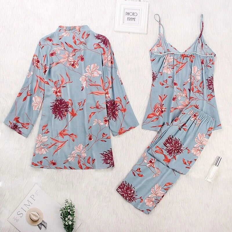 3PC Women Night Dress Silk-Cotton Pajama Sleepwear Long Robes Nightwear Gown Set