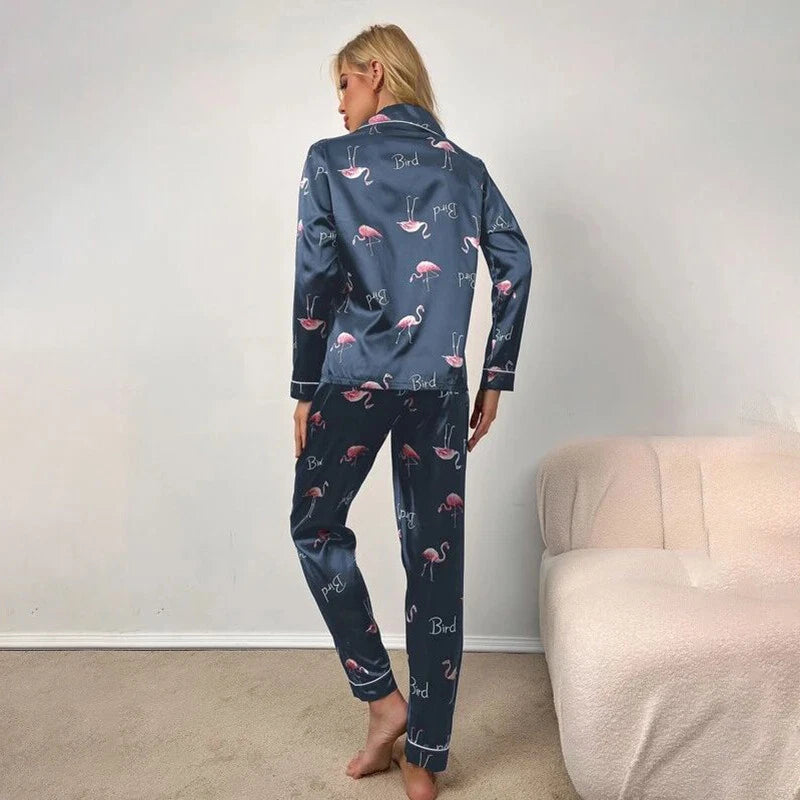 Women Silk Satin Pajamas Set Long Sleeve Button-Down Sleepwear Loungewear Charm