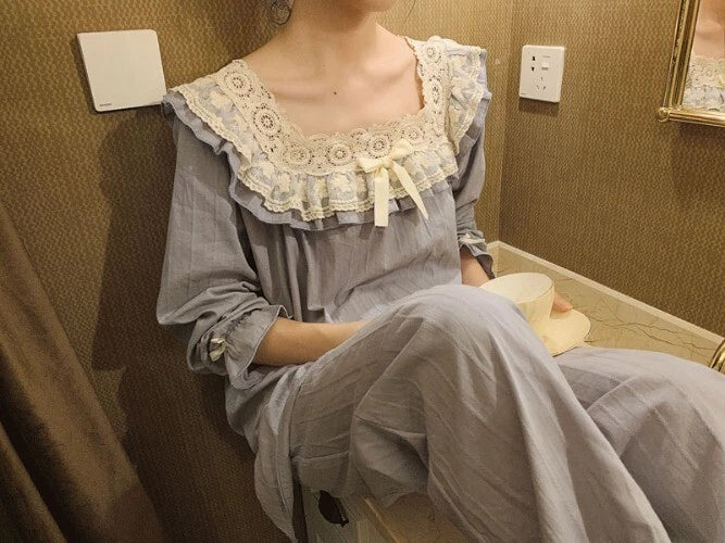 Lolita Flower Embroidery Lace Square Neck Pajama Set  Cotton Grey Pyjamas Set