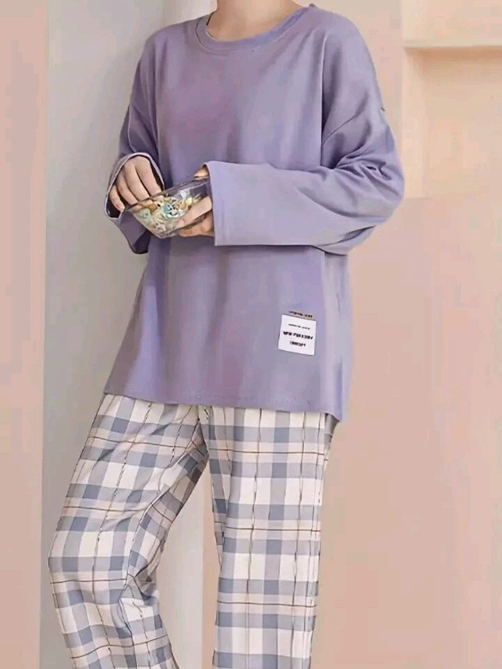 Plaid Print Crew Neck Pyjama Set Casual Long Sleeve Long Bottoms
