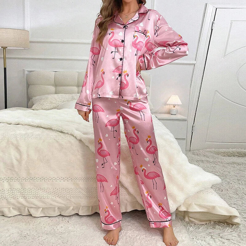 Women Silk Satin Pajamas Set Long Sleeve Button-Down Sleepwear Loungewear Charm