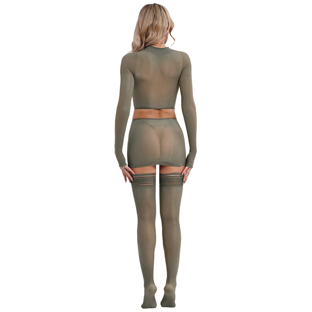 Womens Crop Top And Skirt With Stockings Round Neck Nightwear Tempting Glossy