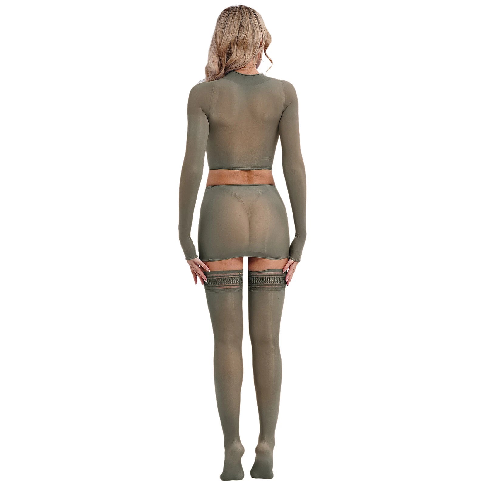 Womens Crop Top And Skirt With Stockings Round Neck Nightwear Tempting Glossy