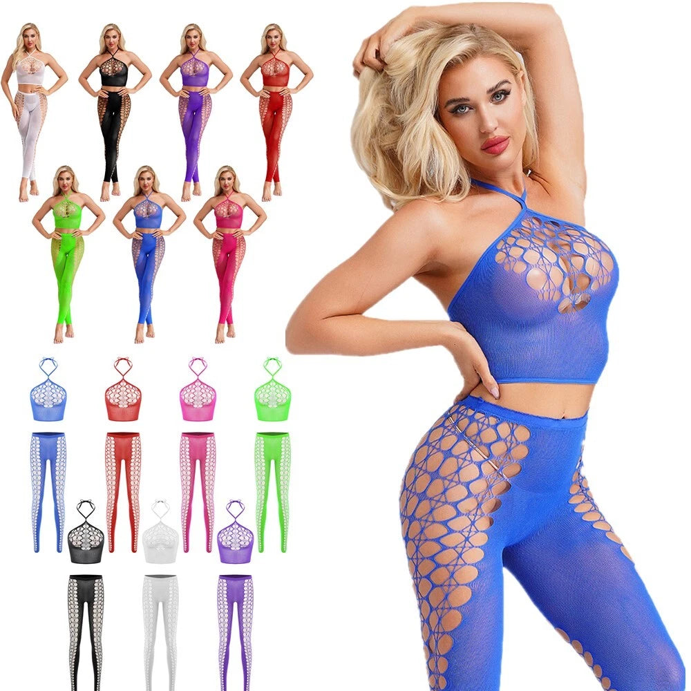Womens Hollow Out Translucent Lingerie Set Stretchy Fishnet Solid Color Tights