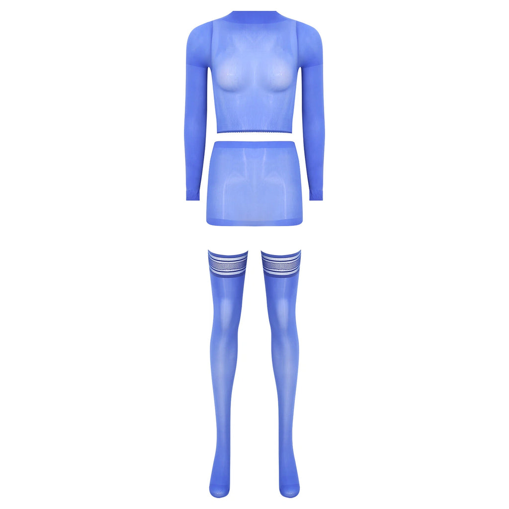 Womens Crop Top And Skirt With Stockings Round Neck Nightwear Tempting Glossy