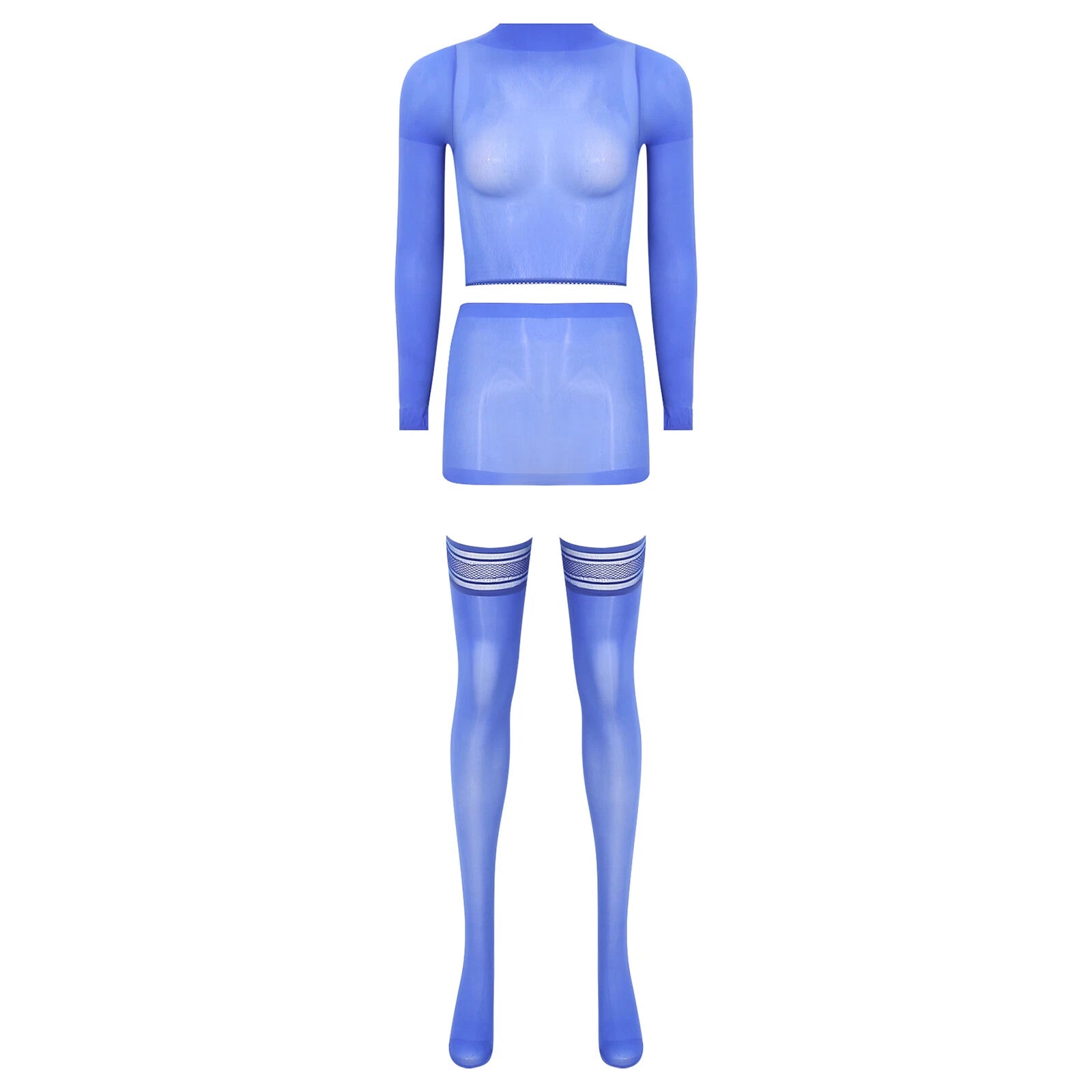 Womens Crop Top And Skirt With Stockings Round Neck Nightwear Tempting Glossy