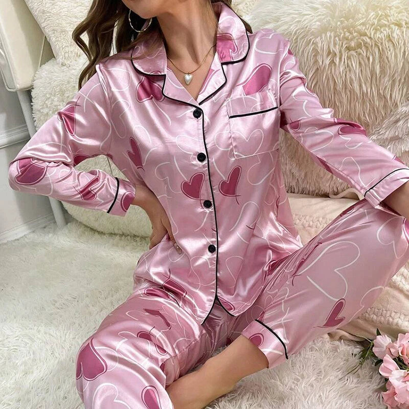 Women Silk Satin Pajamas Set Long Sleeve Button-Down Sleepwear Loungewear Charm