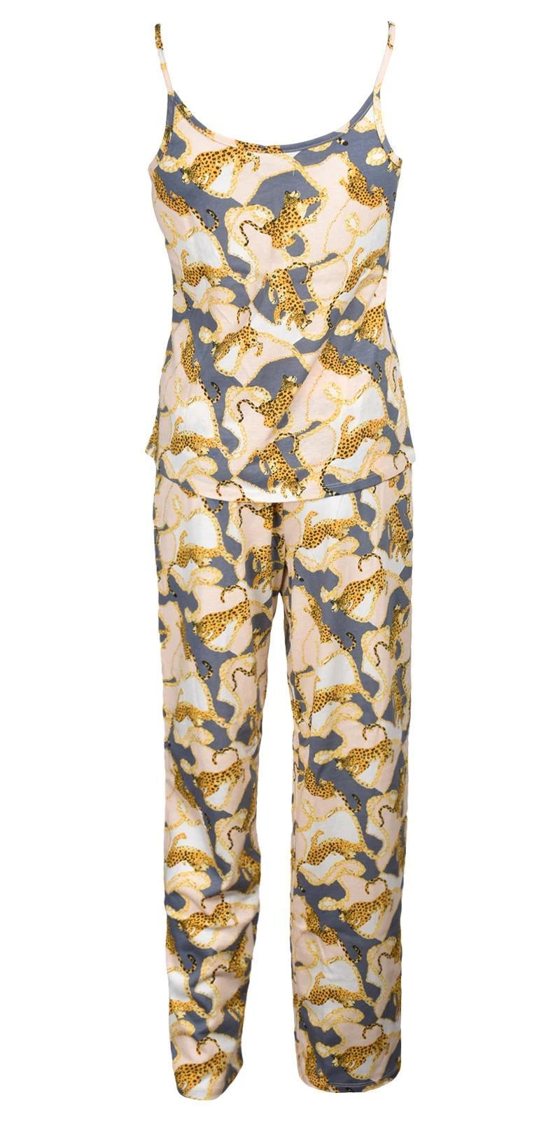 Ladies Pyjama Set Leopard Printed Womens Sleepwear Sleeveless PJS Vest Nightwear