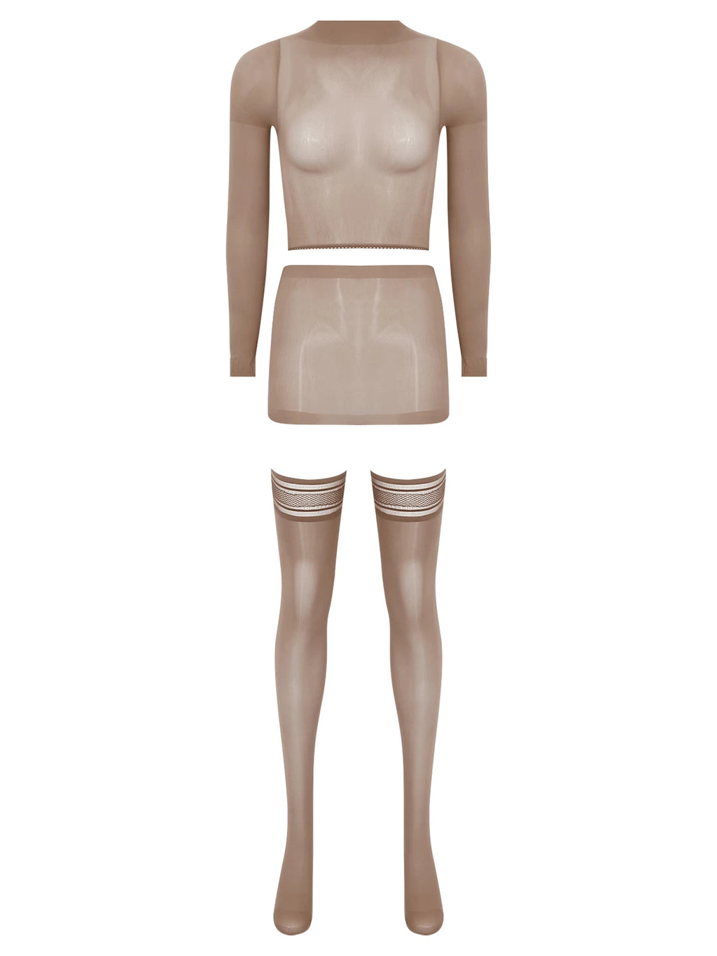 Womens Crop Top And Skirt With Stockings Round Neck Nightwear Tempting Glossy