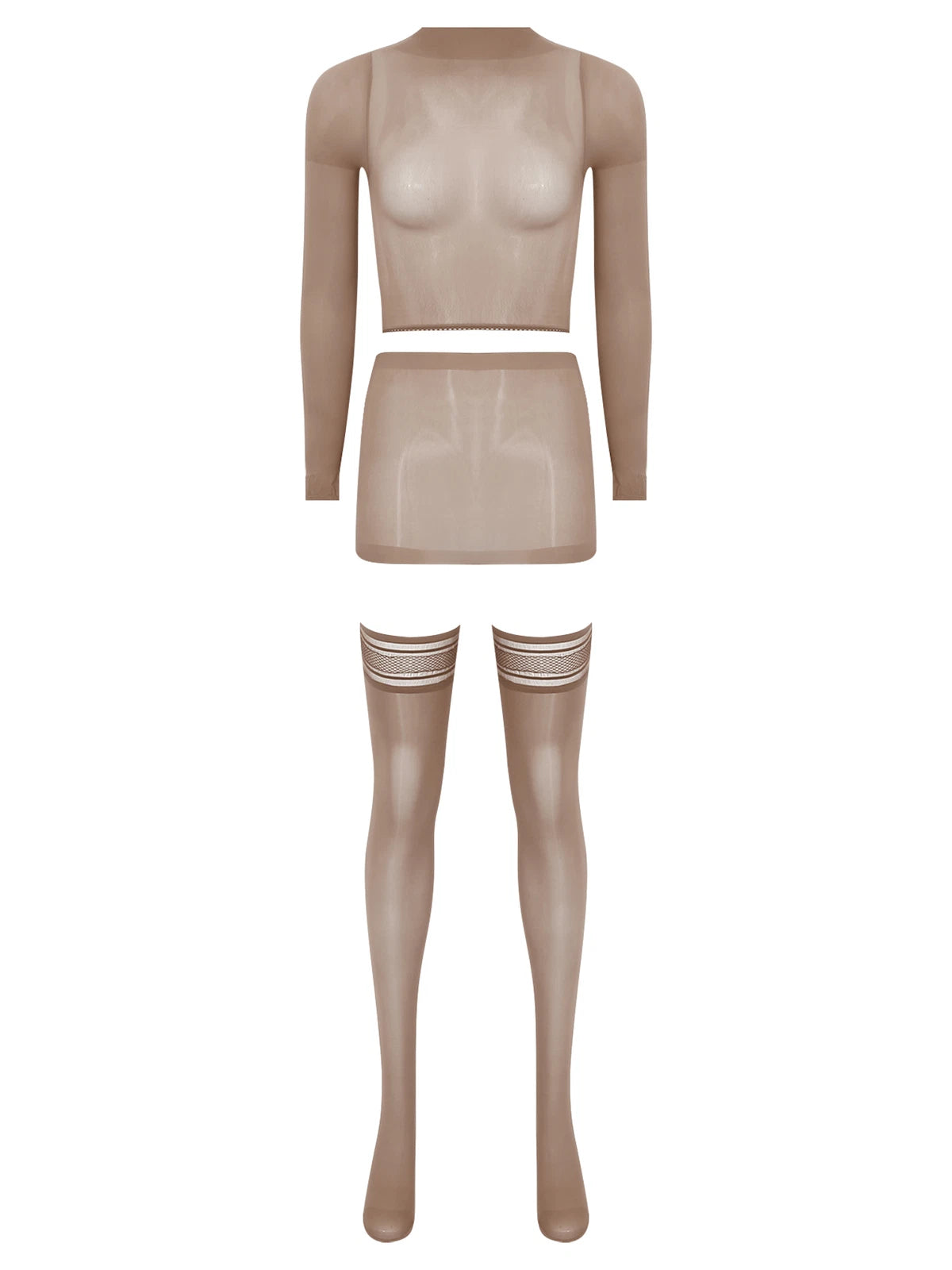 Womens Crop Top And Skirt With Stockings Round Neck Nightwear Tempting Glossy