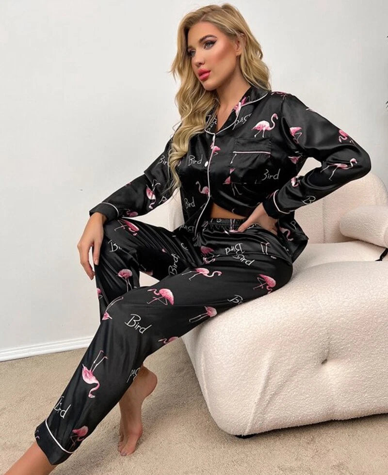 Women Silk Satin Pajamas Set Long Sleeve Button-Down Sleepwear Loungewear Charm