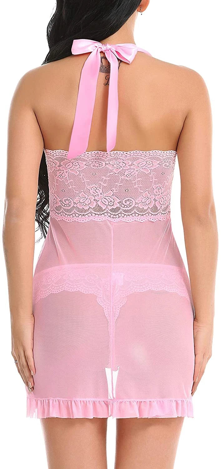 Pink-Women-Sexy-Lingerie-Sleepwear-Lace-Panties-Underwear-Nightwear-Babydoll-Set