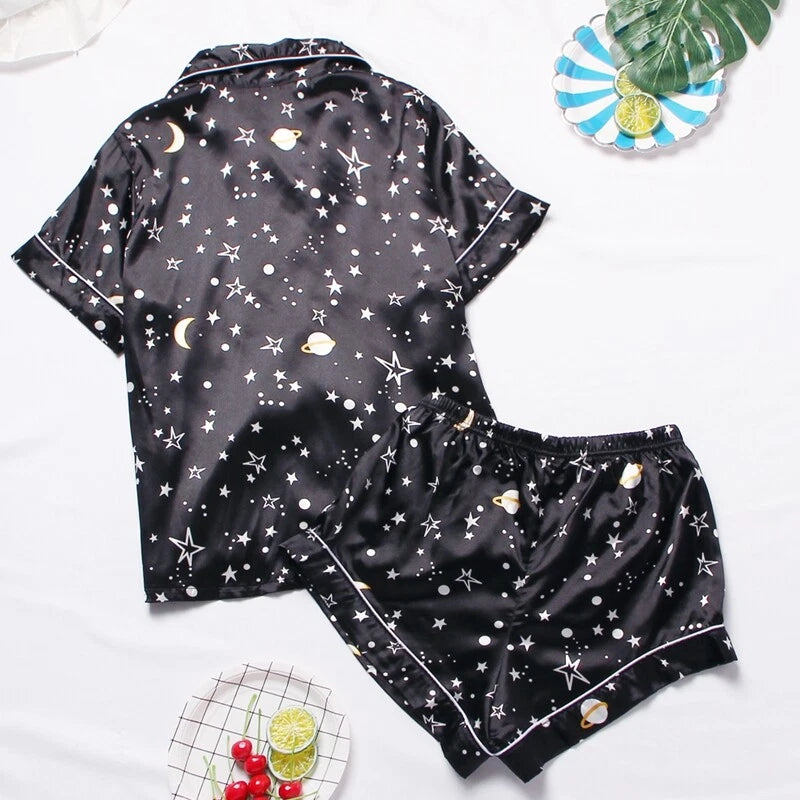 Women's Silk Satin Pajamas Set Short Sleeve Print Sleepwear Nightwear Pyjamas PJ
