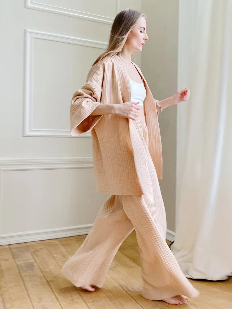 100% cotton women's nightgown pajamas set flared pajamas trousers set 2pcs