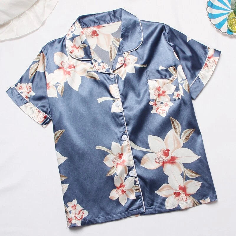 Women's Silk Satin Pajamas Set Short Sleeve Print Sleepwear Nightwear Pyjamas PJ