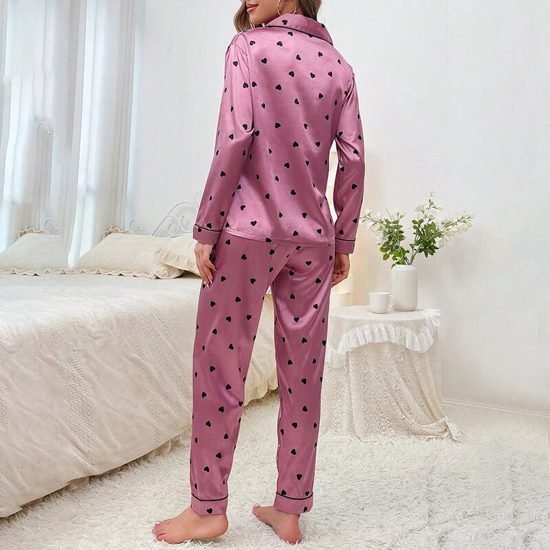 Women Silk Satin Pajamas Set Long Sleeve Button-Down Sleepwear Loungewear Charm