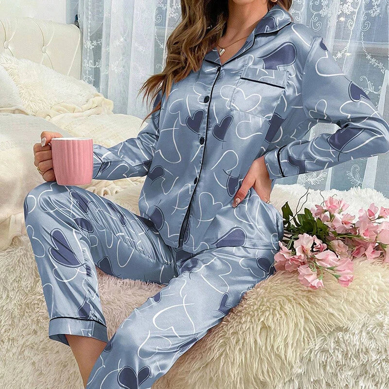 Women Silk Satin Pajamas Set Long Sleeve Button-Down Sleepwear Loungewear Charm