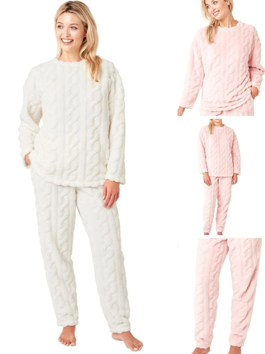 Fleece Pyjama Set Super Soft Cable Knit PJs Long Sleeve Pocket Lounge Nightwear