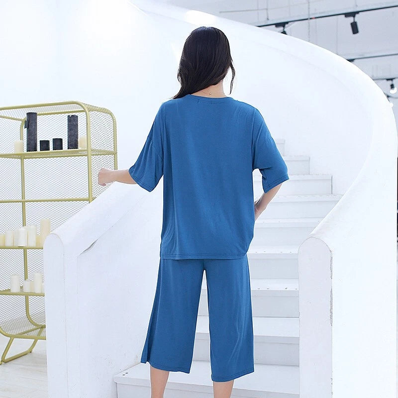 Plus Size XL 150KG Women Modal Pajamas Sets Short Sleeve Top + Calf-Length Pants