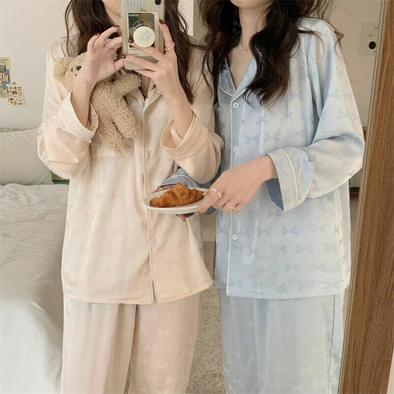 Satin Silk Soft Princess Pajama Set Women HomeClothes BowTie Kawaii Cute Pyjamas