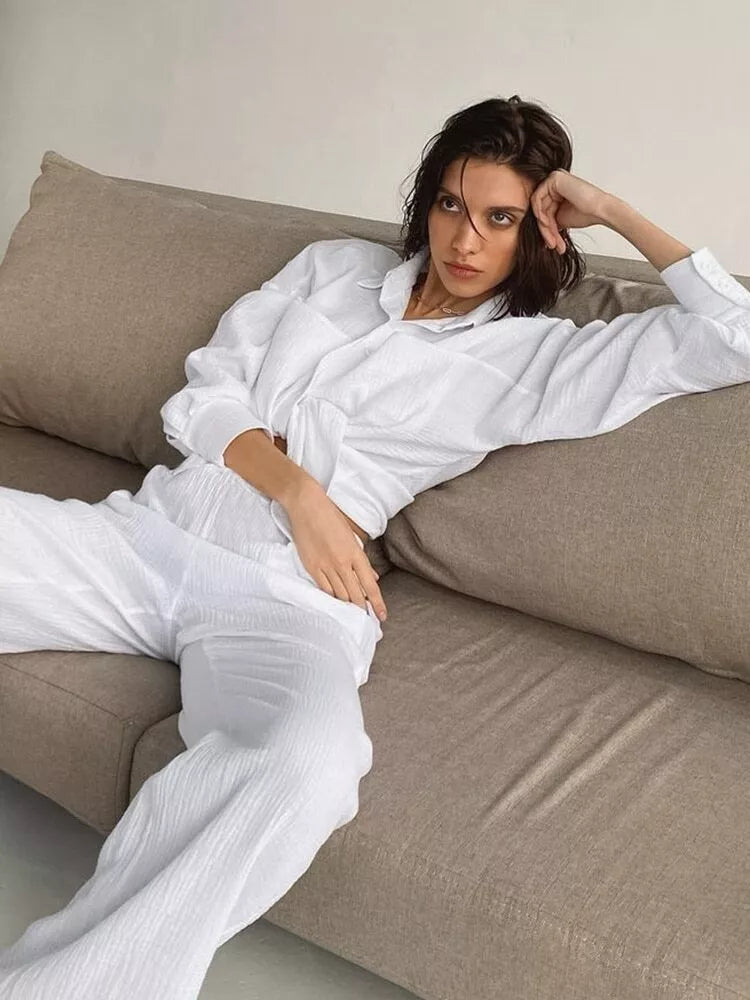 2023 Women's pajamas cotton long sleeved 2-piece pajama casual pants set