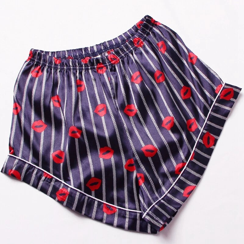 Women's Silk Satin Pajamas Set Short Sleeve Print Sleepwear Nightwear Pyjamas PJ