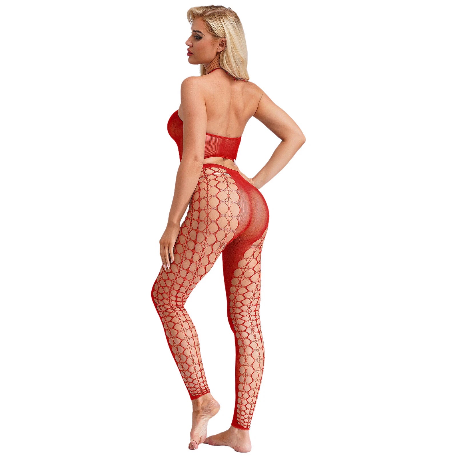 Womens Hollow Out Translucent Lingerie Set Stretchy Fishnet Solid Color Tights
