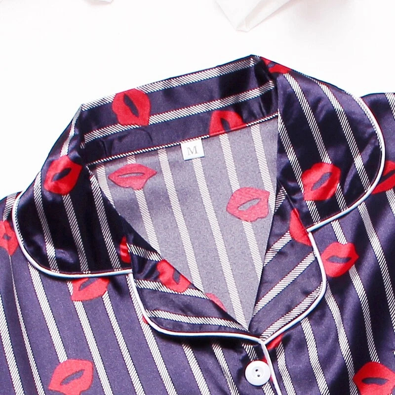 Women's Silk Satin Pajamas Set Short Sleeve Print Sleepwear Nightwear Pyjamas PJ