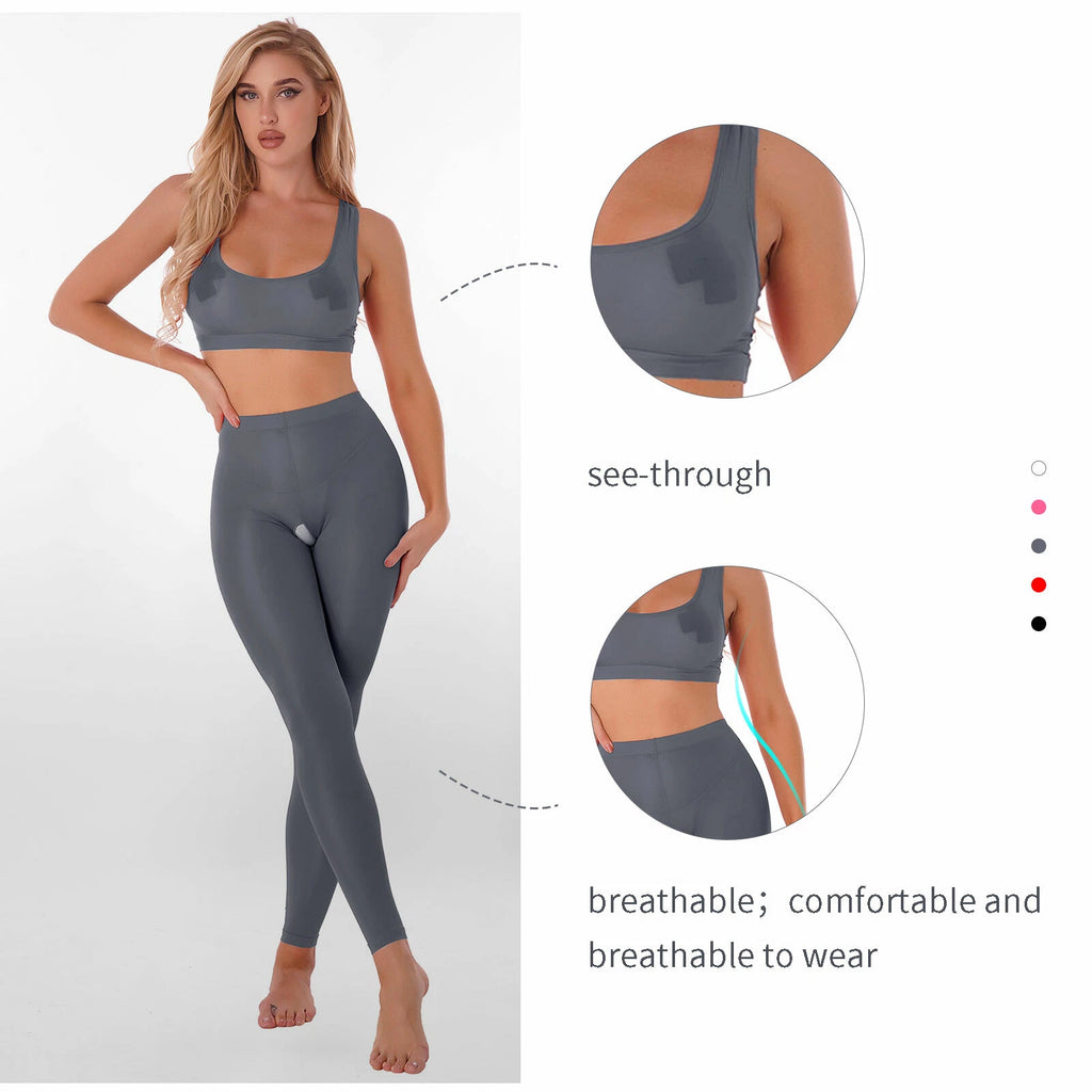 Women 2pcs Lingerie Set Sleeveless Crop Top High Waist Crotchless Leggings Pants