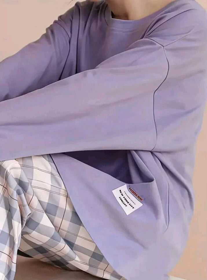 Plaid Print Crew Neck Pyjama Set Casual Long Sleeve Long Bottoms