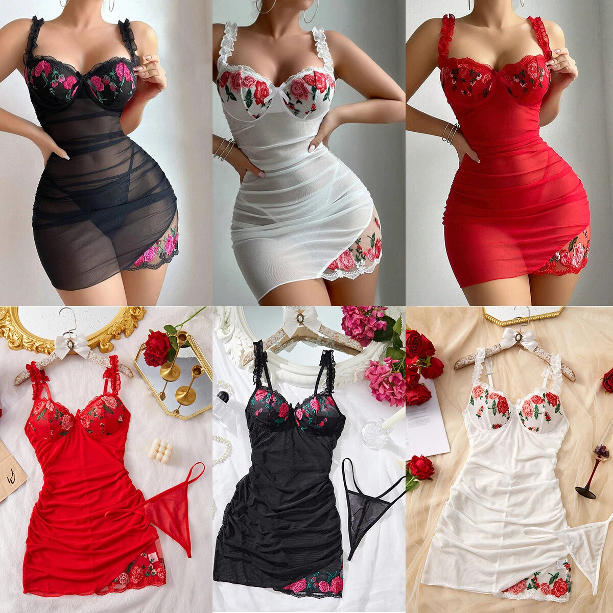 Sexy Women's Lingerie Floral Lace Sleepwear Underwear Dress See-Thru Babydoll US