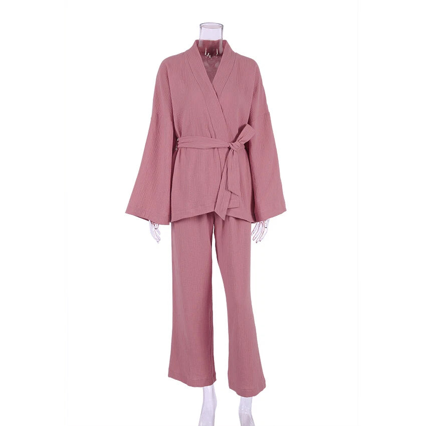 100% cotton women's nightgown pajamas set flared pajamas trousers set 2pcs