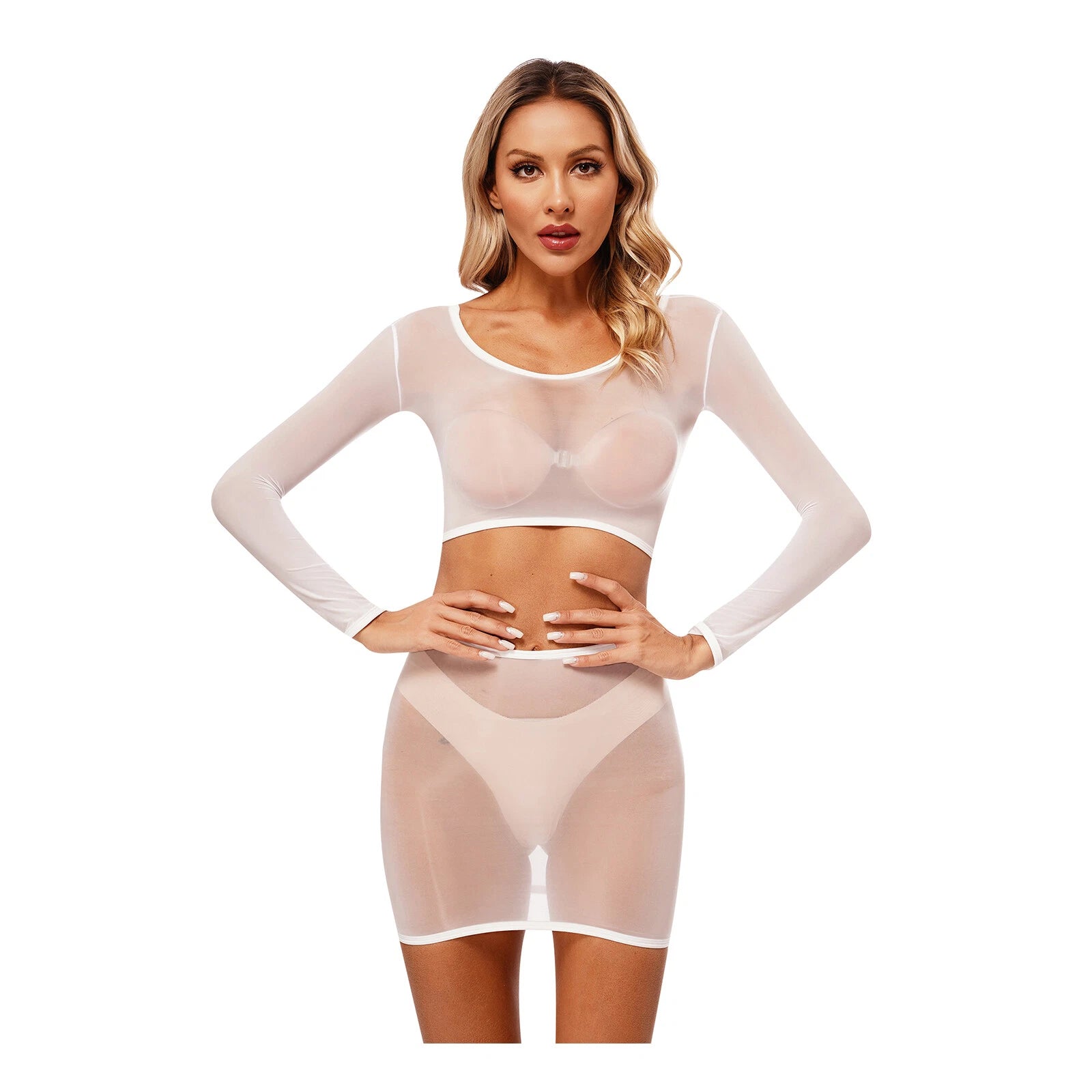 Womens Nightwear Bodycon Clubwear Nylon Outfits Perspective Crop Top Silky Mini