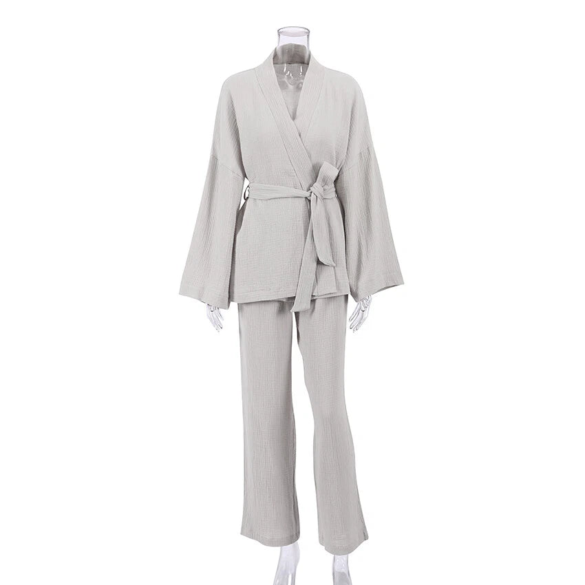 100% cotton women's nightgown pajamas set flared pajamas trousers set 2pcs