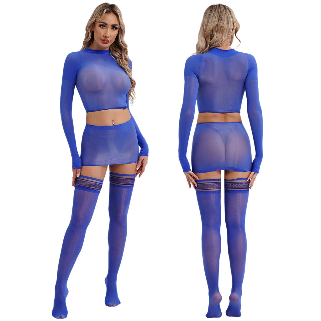 Womens Crop Top And Skirt With Stockings Round Neck Nightwear Tempting Glossy
